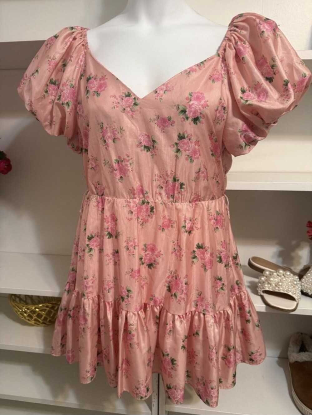 Love ShackFancy Peach Pink Floral Puff-Sleeve Dress 10 - Picture 2 of 2